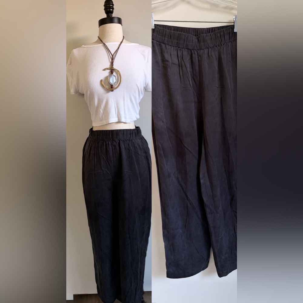 Vintage 90s 100% Silk Black Pants Elastic Waist Straight Leg Size S